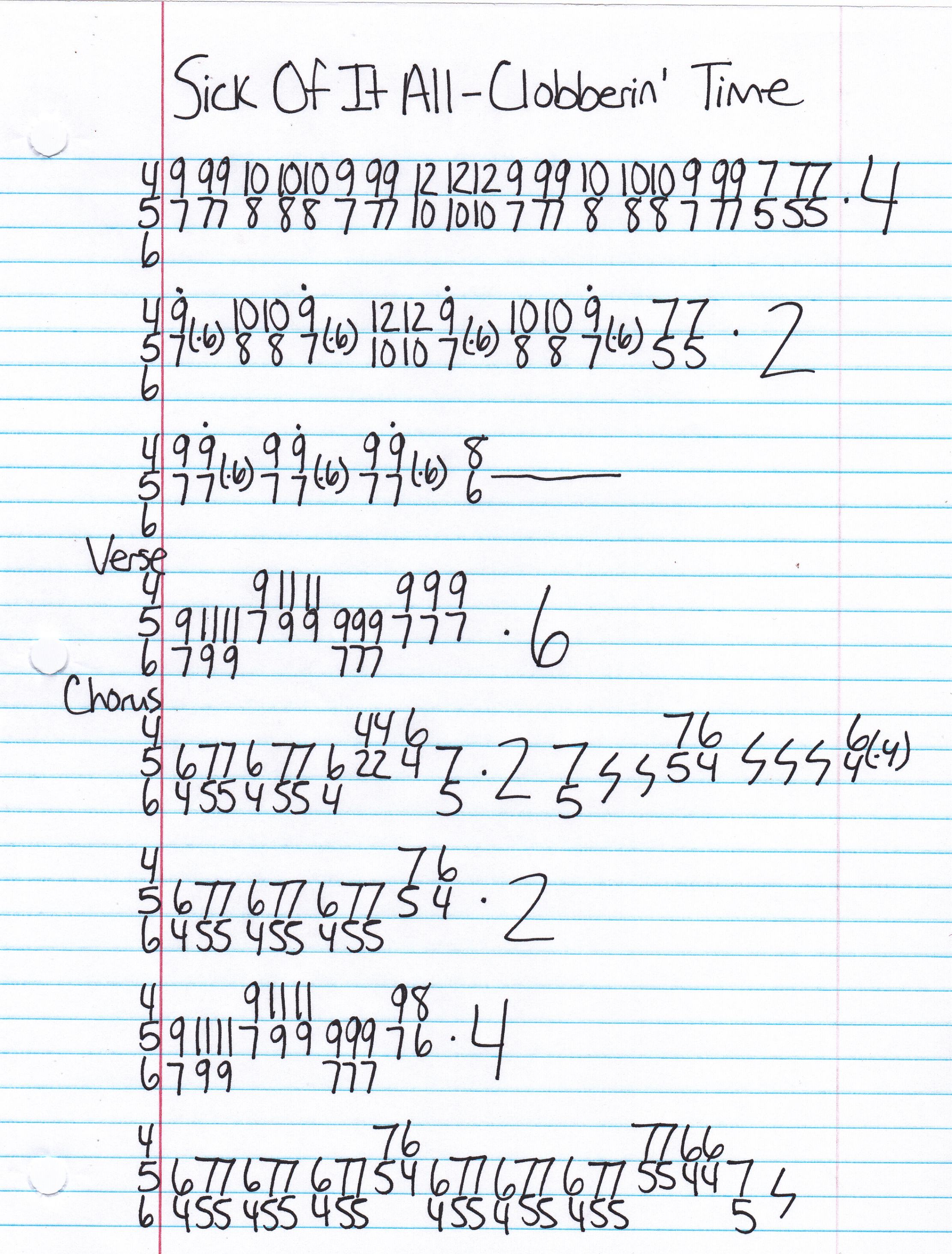High quality guitar tab for Clobberin' Time by Sick Of It All off of the album Blood Sweat and No Tears. ***Complete and accurate guitar tab!***